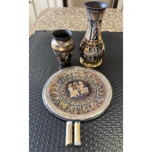 Egyptian Hand‎ Made Brass Inlay Plate & Vases Set Vintage Decor Made in Egypt